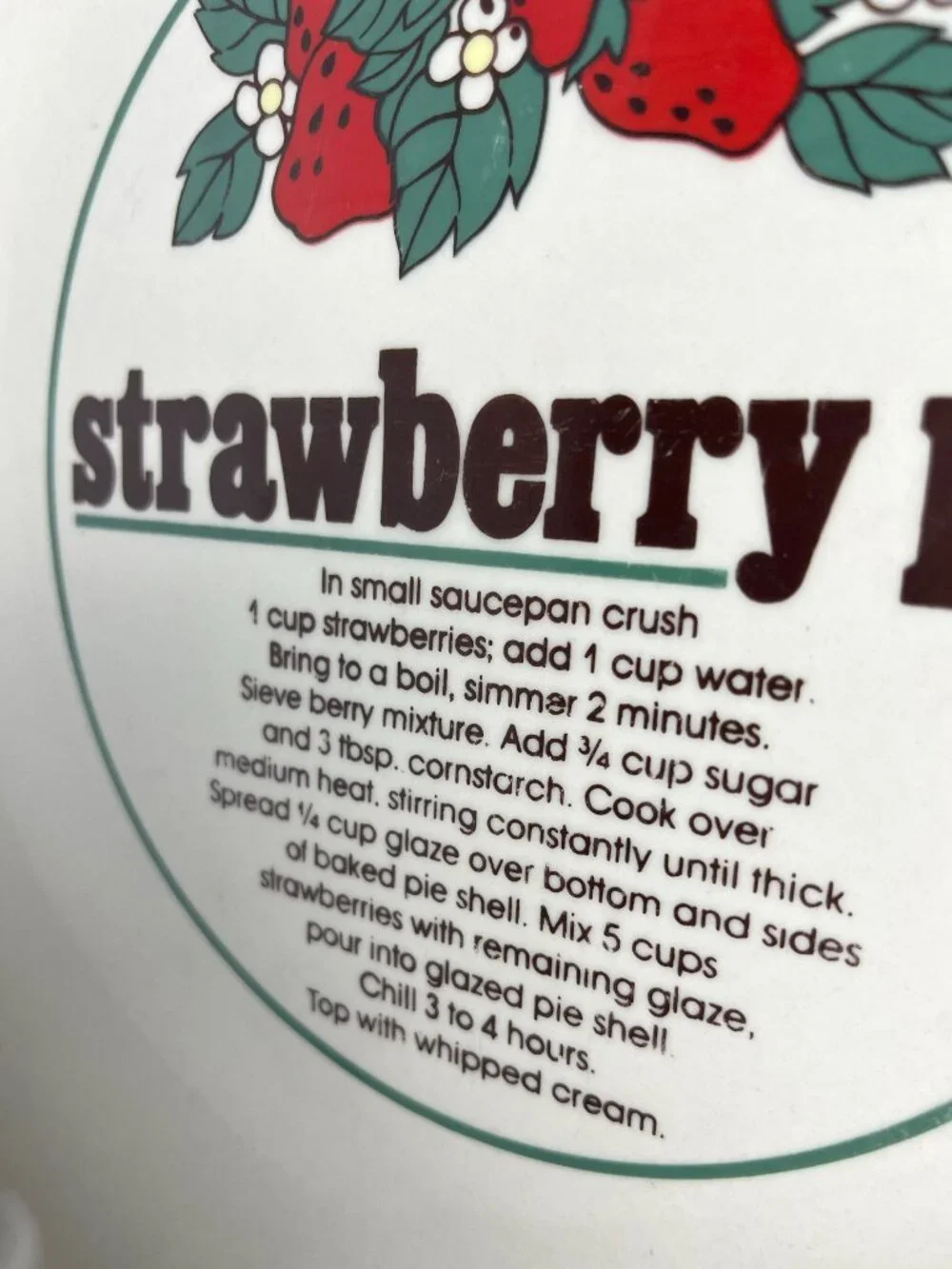 Vintage Strawberry Pie Recipe Ceramic Pie Plate 10”